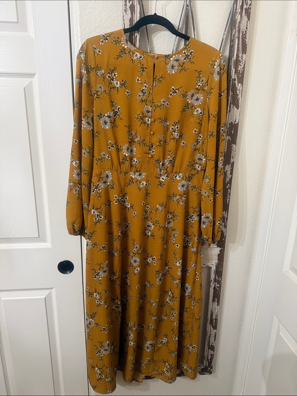 Floral Long-Sleeve Midi Dress in Mustard